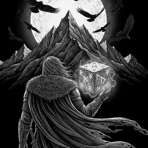 A cloaked warrior seen from behind holds a glowing rune-carved die in front of a mountain, a full moon and circling ravens.