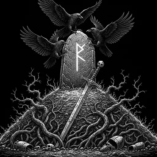 A rune-marked gravestone on a root-covered mound, a sword driven into it and ravens perched above.